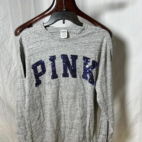 Grey Victoria's Secret PINK long sleeve‎ shirt with sequin logo #sequins - Picture 1 of 3
